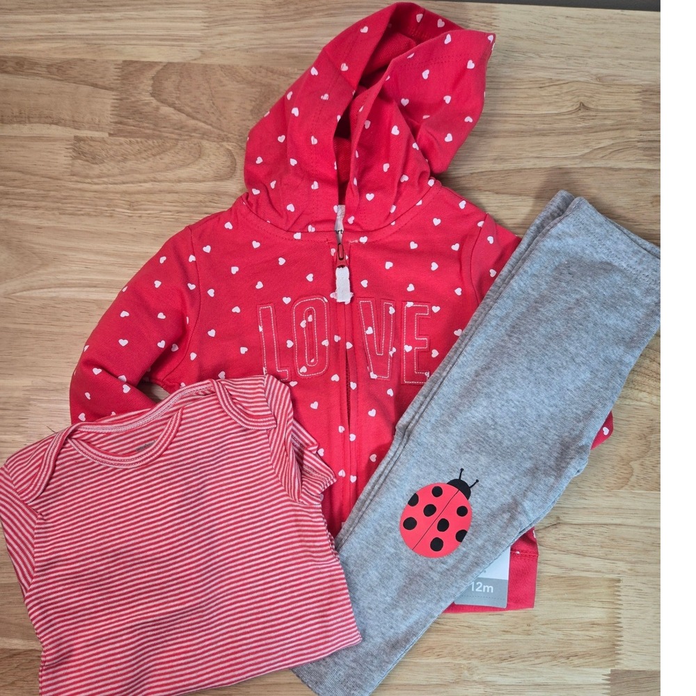 Carters Baby Girls 12M 3-Piece Cardigan Set Red Heart Hoodie Bodysuit Ladybug